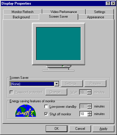 Picture of the display dialog with the screen saver tag