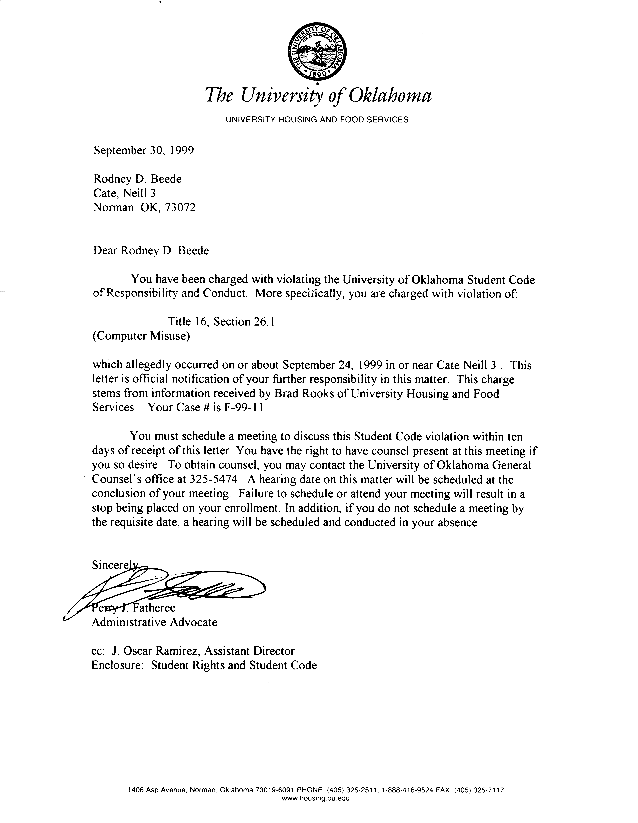 OU Student Violation Charge Letter