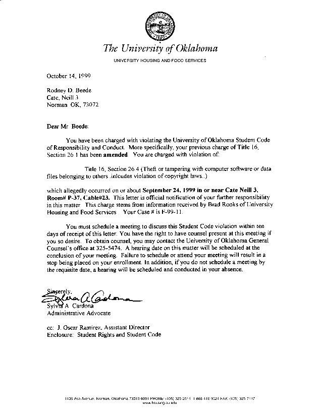 OU Student Violation Charge Letter